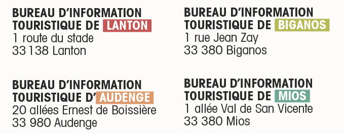 Adresses des 4 Bureaux de l'Office de Tourisme Coeur du Bassin