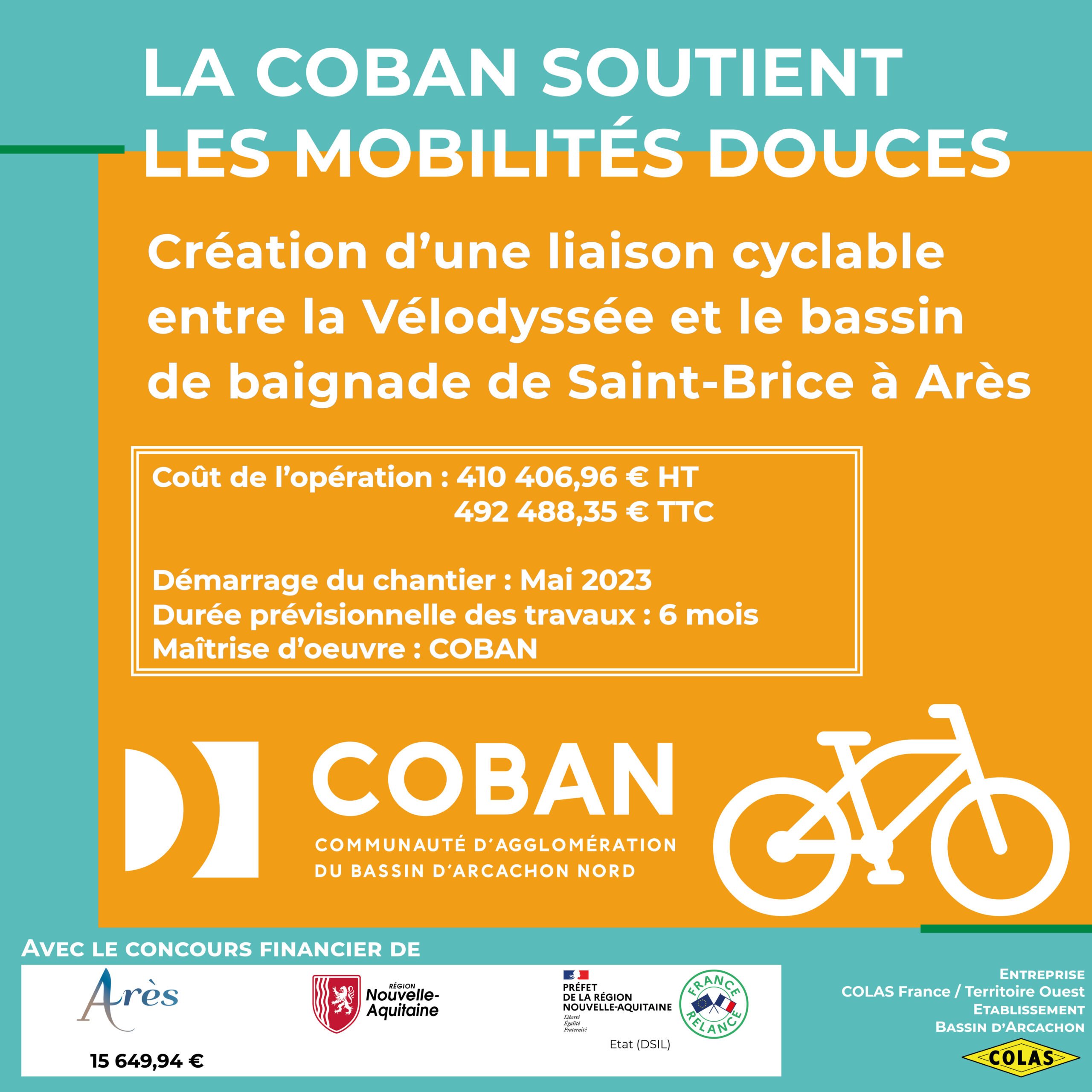 Panneau de chantier de travaux de création d'une liaison-piste cyclable entre la Vélodyssée et le bassin de baignade de Saint-Brice à Arès