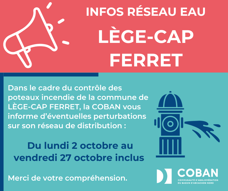 Visuel Contrôle des Poteaux Incendie à Lège-Cap Ferret du 2 au 27 octobre 2023