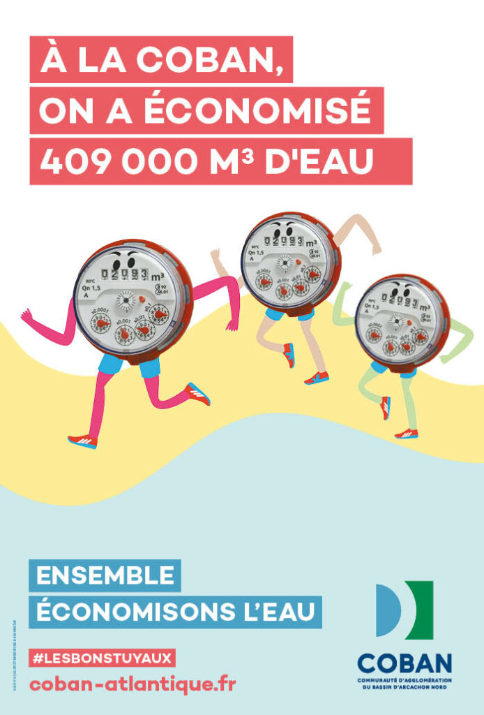 Affiche EAU POTABLE Economie économisé 409 000 m3 - chiffre à fin 2023 - cumul depuis 2020 - Ensemble économisons l'eau