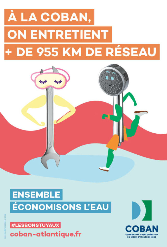 Affiche EAU POTABLE Entretien + de 955 km - chiffre à fin 2023 - cumul depuis 2020 - Ensemble économisons l'eau