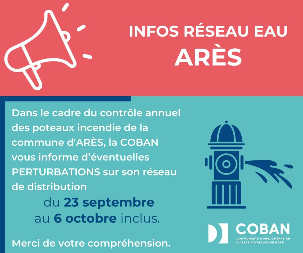 Visuel Contrôle des Poteaux Incendie à ARES du 23 septembre au 6 octobre 2024 - Perturbations réseau Eau potable