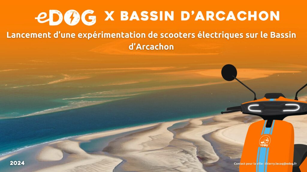 Expérimentation de location à la minute de scooters électriques eDOG sur le Bassin d'Arcachon à Arès, Biganos et Marcheprime - été à novembre 2024 - Visuel