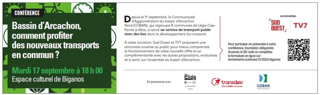 Conférence Sud Ouest Mobilité Bassin d'Arcachon - Mardi 17 septembre 2024 à l'Espace Culturel à Biganos - Visuel Sud Ouest