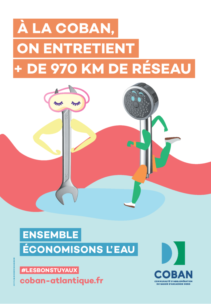 Affiche EAU POTABLE Entretien + de 970 km - chiffre à fin 2023 - cumul depuis 2020 - Ensemble économisons l'eau