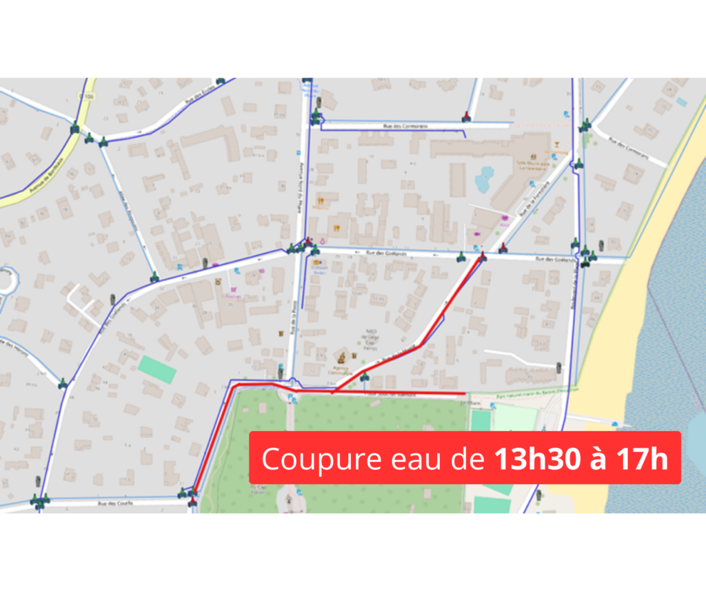 Plan de la coupure d'eau potable rue des Goëlands à Lège-Cap Ferret mardi 11 février 2025 de 13h30 à 17h