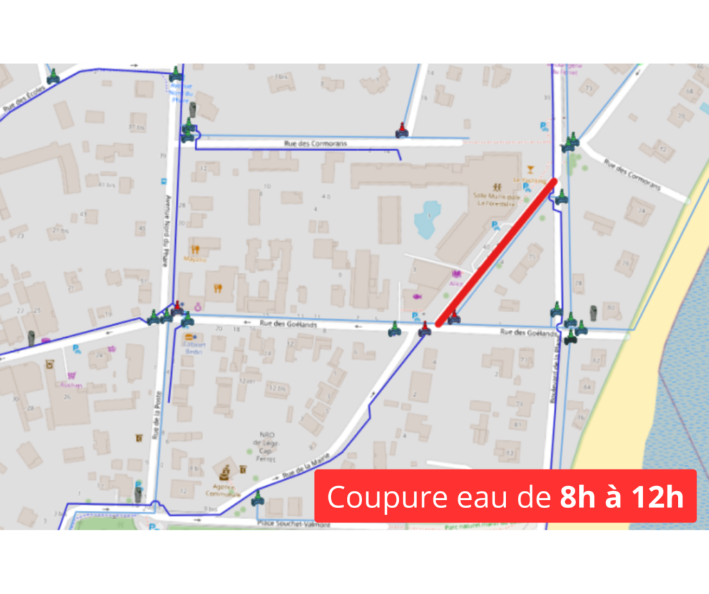 Plan de la coupure d'eau potable rue des Goëlands à Lège-Cap Ferret mardi 11 février 2025 de 8h à 12h