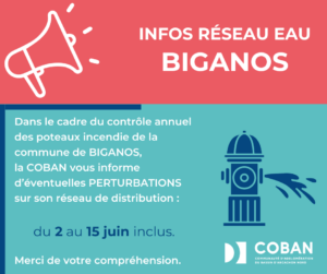 Visuel Contrôle des Poteaux Incendie à BIGANOS du 2 au 15 juin 2025 - Perturbations réseau Eau potable.