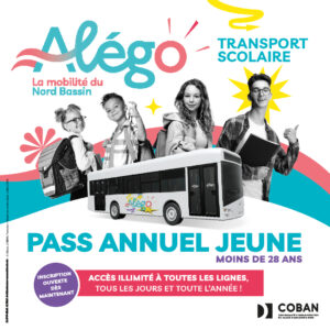 Alégo - Affiche inscription Transport scolaire - Pass annuel Jeunes moins de 28 ans - Année scolaire 2025-2026