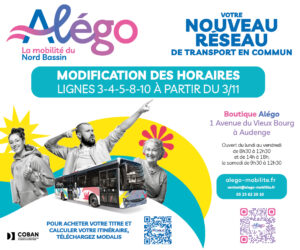 Alégo : nouveaux horaires adaptés sur 5 lignes à partir du 3 novembre - COBAN Nouveaux horaires adaptés sur 5 lignes du réseau de bus urbains Alégo de la COBAN - Novembre 2025
