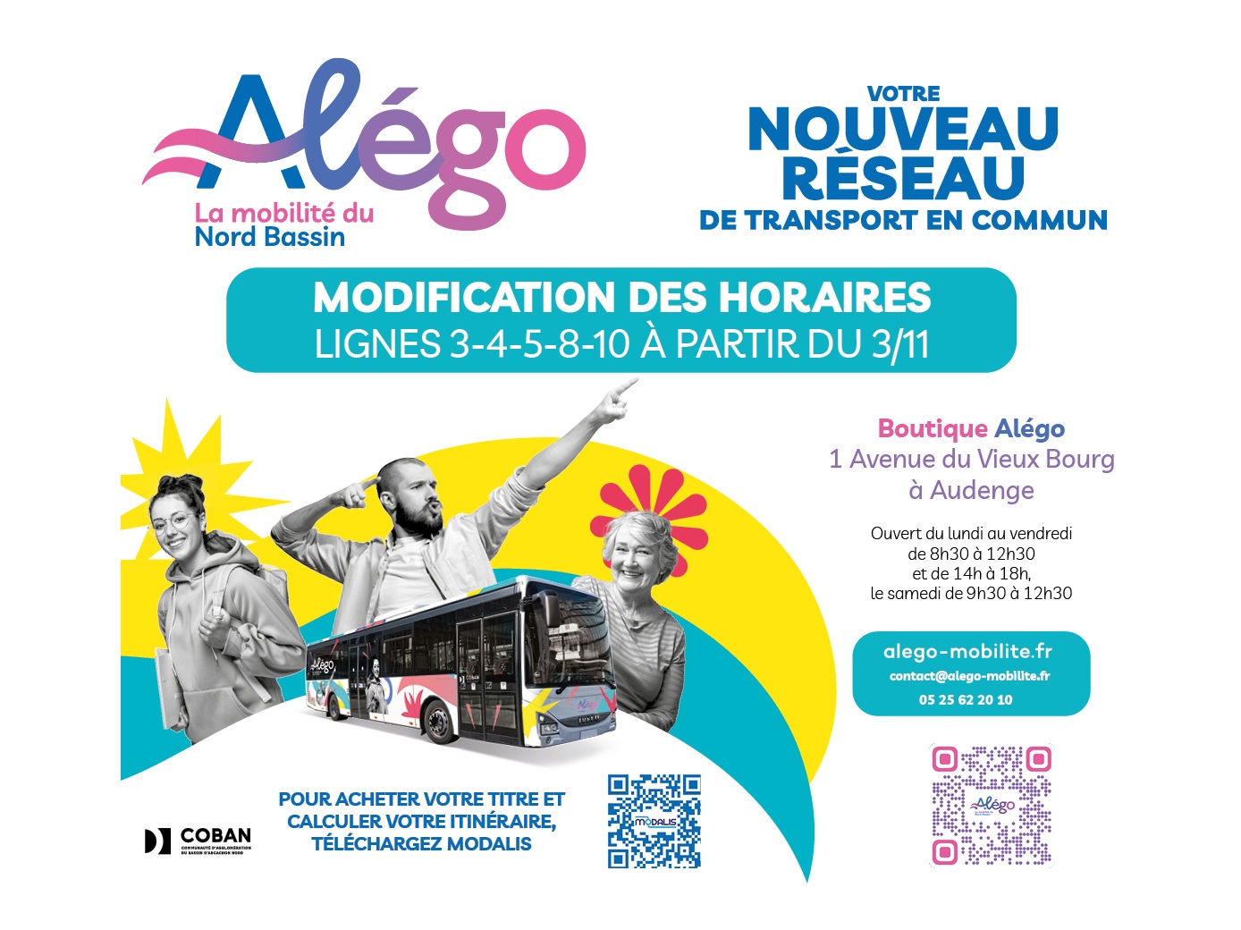 Alégo : horaires adaptés sur 5 lignes à partir du 3 novembre - COBAN Nouveaux horaires adaptés sur 5 lignes du réseau de bus urbains Alégo de la COBAN - Novembre 2025 - Vignette