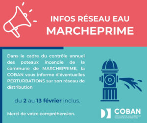 Visuel Contrôle des Poteaux Incendie à Marcheprime du 2 au 13 février 2026 - Perturbations réseau Eau potable