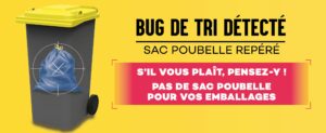 Bug de tri détecté - Sac poubelle repéré - Bac à couvercle jaune - Février 2026 - Visuel paysage - Page intérieure DECHETS / Consignes de tri