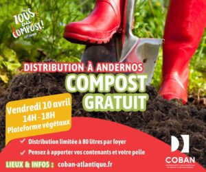 Opération Tous au compost 2026 - Distribution de compost gratuit dans les 8 communes COBAN - du 30 mars au 10 avril 2026 - ANDERNOS-LES-BAINS vendredi 10 avril 2026 de 14h à 18h