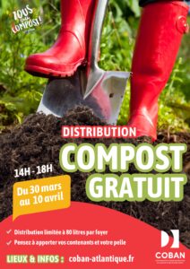 Distribution gratuite de compost : c’est reparti avec la COBAN ! - COBAN Opération Tous au compost 2026 - Distribution de compost gratuit dans les 8 communes COBAN - du 30 mars au 10 avril 2026 - Affiche