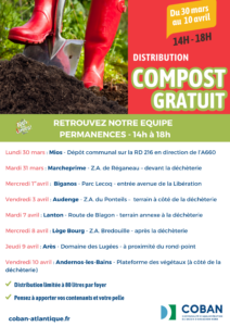 Opération Tous au compost 2026 - Distribution de compost gratuit dans les 8 communes COBAN - du 30 mars au 10 avril 2026 - Affiche multidates