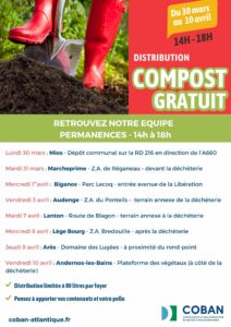 Opération Tous au compost 2026 - Distribution de compost gratuit dans les 8 communes COBAN - du 30 mars au 10 avril 2026 - Affiche multidates