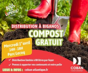 Opération Tous au compost 2026 - Distribution de compost gratuit dans les 8 communes COBAN - du 30 mars au 10 avril 2026 - BIGANOS mercredi 1er avril 2026 de 14h à 18h