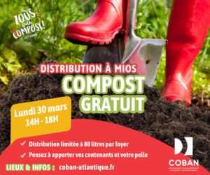 Opération Tous au compost 2026 - Distribution de compost gratuit dans les 8 communes COBAN - du 30 mars au 10 avril 2026 - MIOS lundi 30 mars 2026 de 14h à 18h