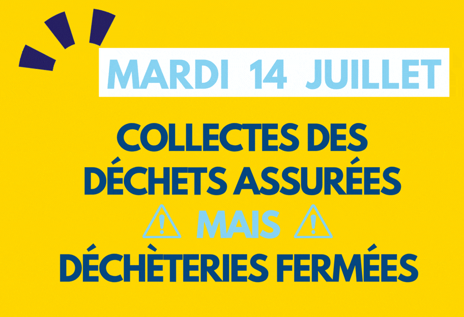 Actualités - COBAN Visuel jour férié mardi 14 juillet 2026 - Collectes reportées et déchèteries fermées - Vignette actu GIF