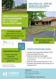 Flyer Logements saisonniers été 2026 - Site Plein Air PEP 33 à Andernos-les-Bains du mercredi 1er juillet au dimanche 30 aôut 2026