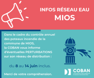 Visuel Contrôle des Poteaux Incendie à Mios du lundi 8 au dimanche 14 juin 2026 - Perturbations réseau Eau potable