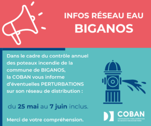 Visuel Contrôle des Poteaux Incendie à Biganos du lundi 25 mai au dimanche 7 juin 2026 - Perturbations réseau Eau potable