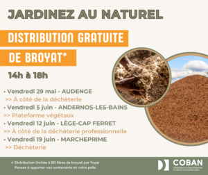 Distribution gratuite de broyat - Mai-juin 2026 - Andernos-les-Bains, Audenge, Lège-Cap Ferret, Marcheprime - Affiche paysage
