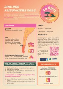 Aire pour Saisonniers du 26 juin au 31 août 2026 - Camping des Sables d'Or à Lège-Cap Ferret - Affiche