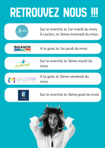 Alégo, votre réseau de transports - COBAN Planning de présence de l'agence itinérante Mobility Truck du réseau de bus Alégo dans des lieux publics des 8 communes du Nord Bassin (gares et marchés)