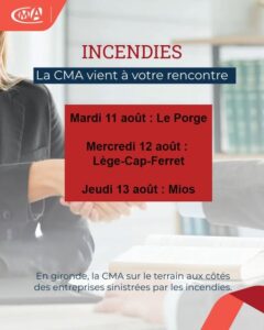 La CMA vient à votre rencontre - Entreprises sinistrées par l'incendie en gironde - Bus aménagé en bureau mobile de conseil - Le Porge - Lège-Cap Ferret - Mios