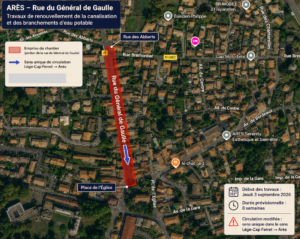 Plan de travaux et déviation rue Général de Gaulle Arès 3/09 au 30/10/2026